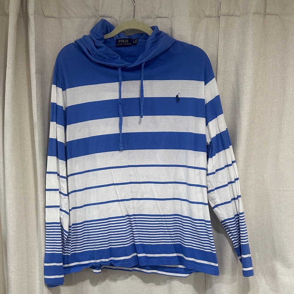 Blue and White Mens Polo Striped Hoodie